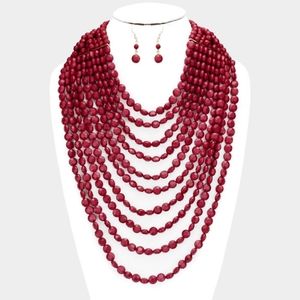 Burgundy Multi Chain Strand Faceted Bead Necklace Earrings Set Layered Accessory